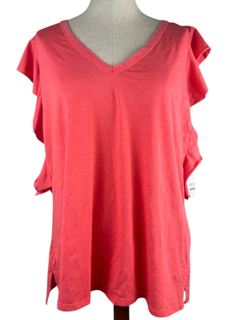 Time and Tru Coral V-Neck Short Flutter Sleeve Tee